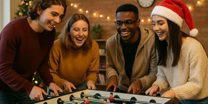 AI genererad bild på 4 ungdomar, 2 killar och 2 tjejer som spelar Fussballspel