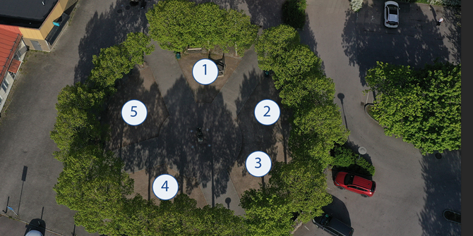 Drönarbild på platserna för torghandel i Emmaboda