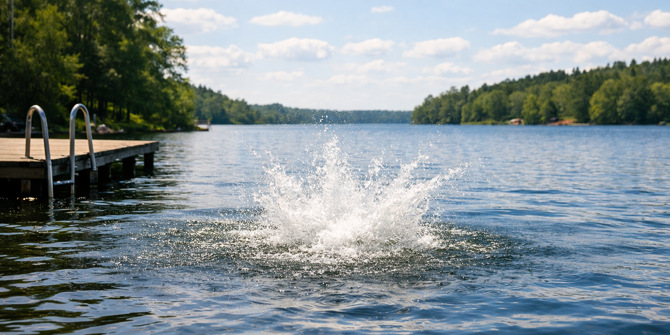 Brygga vid sjö med vattenstänk så det ser ut som någon precis hoppat i