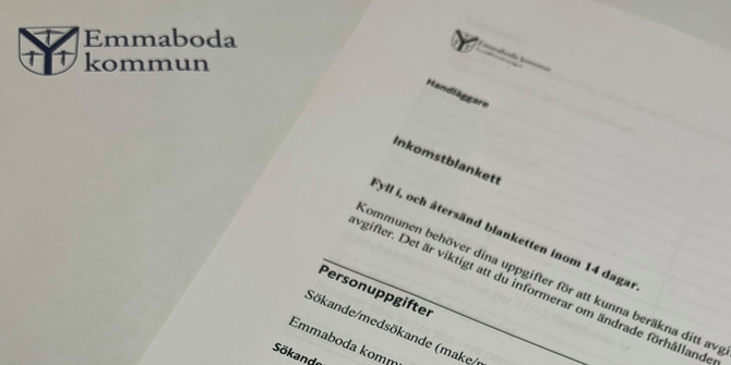 kuvert och inkomstblankett för Emmaboda kommun