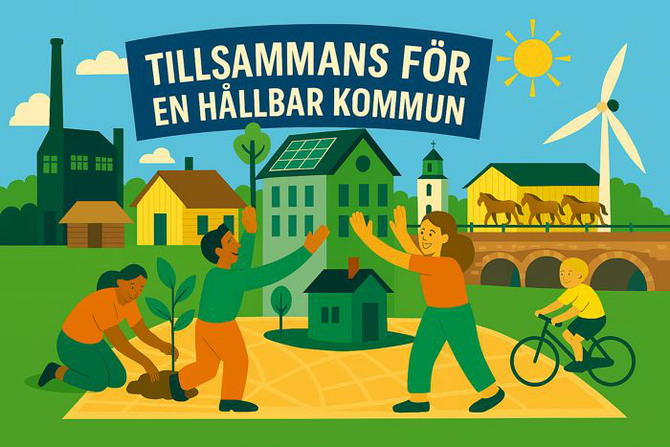 illustration där människor samlas för en hållbar kommun