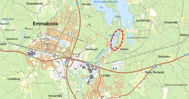 Översiktskarta som visar detaljplanens läge inom röd ring.