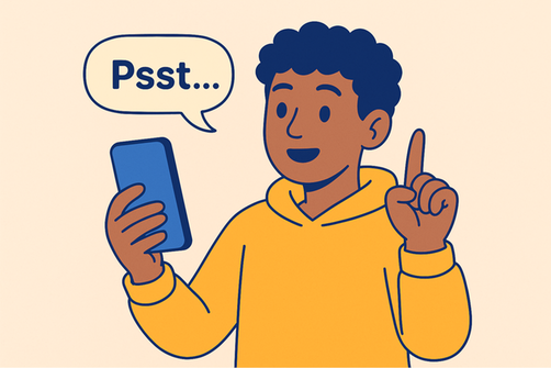 Illustration av pojke som håller mobilen i ena handen och ett pekfinger i luften med andra handen