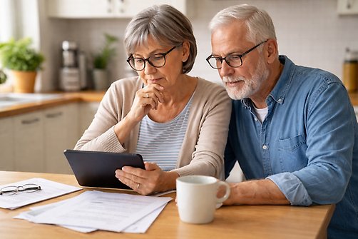 Äldre kvinna och man sitter vid ett köksbord och tittar på en surfplatta, med pappersdokument och en kaffekopp på bordet.